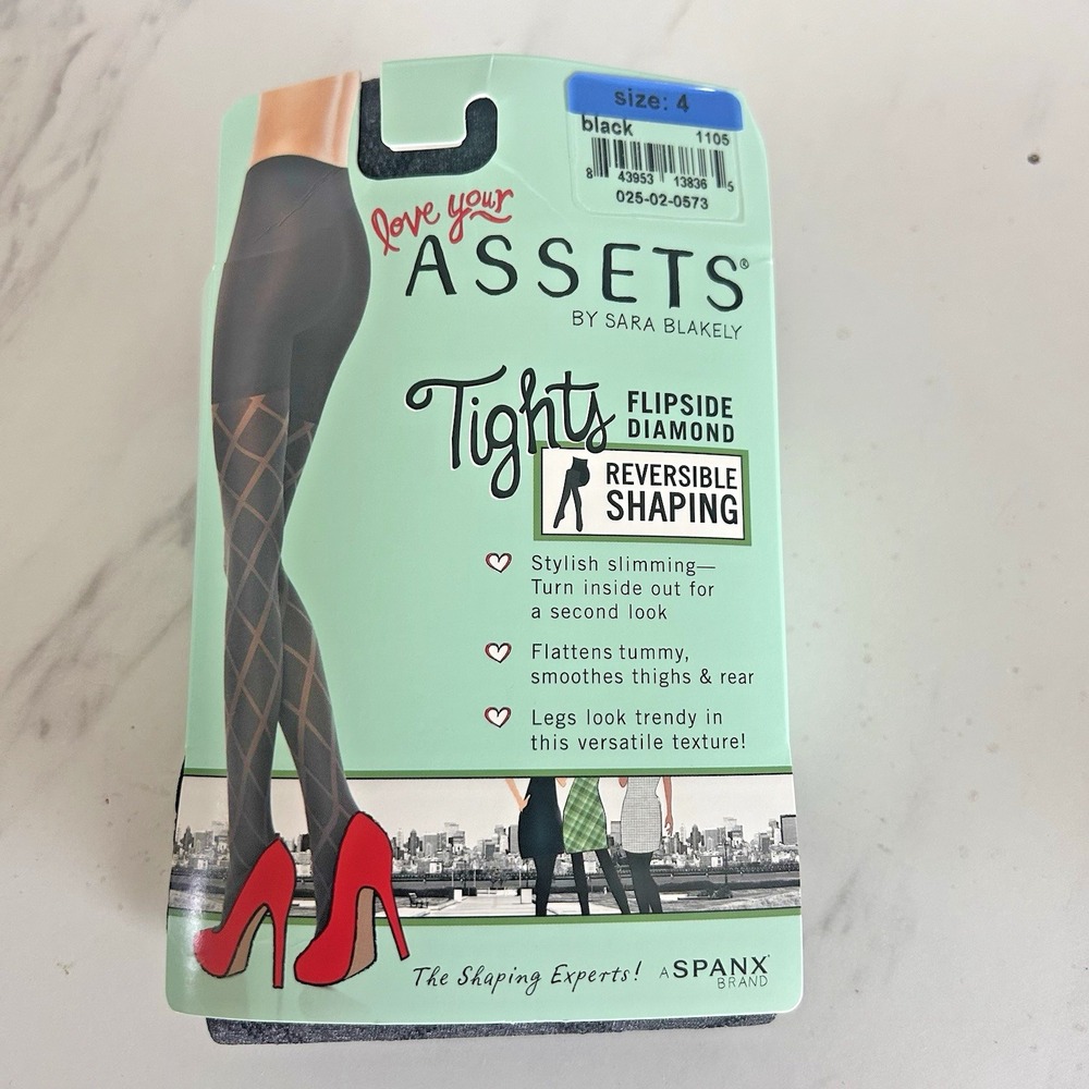 Spanx Shaping Tights Black Flipside‎ Diamond Design Size 4 Red Hot Label BxAA
